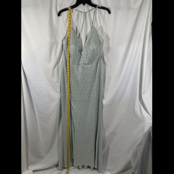NWD Aidan by Aidan Mattox Metallic Textured Slit Gown in Celadon Silver - Picture 6 of 13